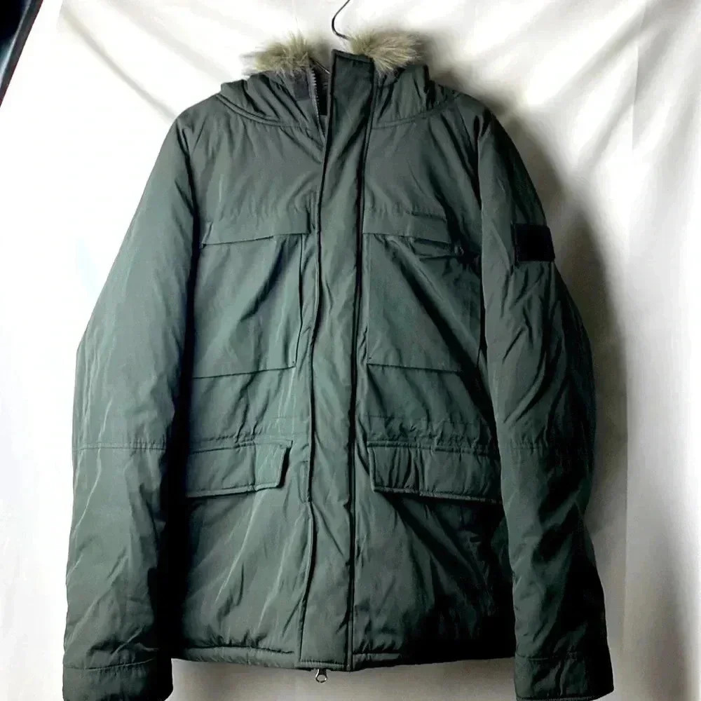 URBAN‎ OUTFITTERS WO SIZE LARGE BLACK COAT WITH FAUX FUR TRIMMED HOOD CLEAN